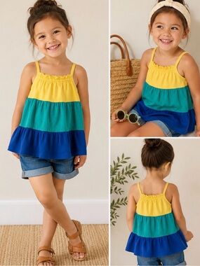 Hanna Andersson Colorblock Tiered Tank Top Girls Size 3 Yellow Blue Green Summer